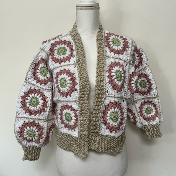 White and Pink Granny Square Crochet Cardigan Cropped Sweater Neutrals